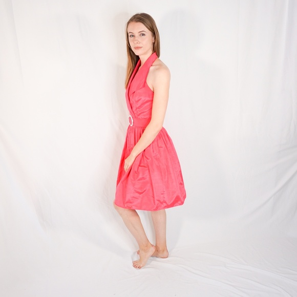VINTAGE 90s Barbie Pink Taffeta Halter Flare Dress - Picture 5 of 7
